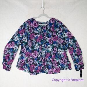 Tahari Arthur S Levine floral print swiss dots long sleeve sheer top, size 3X